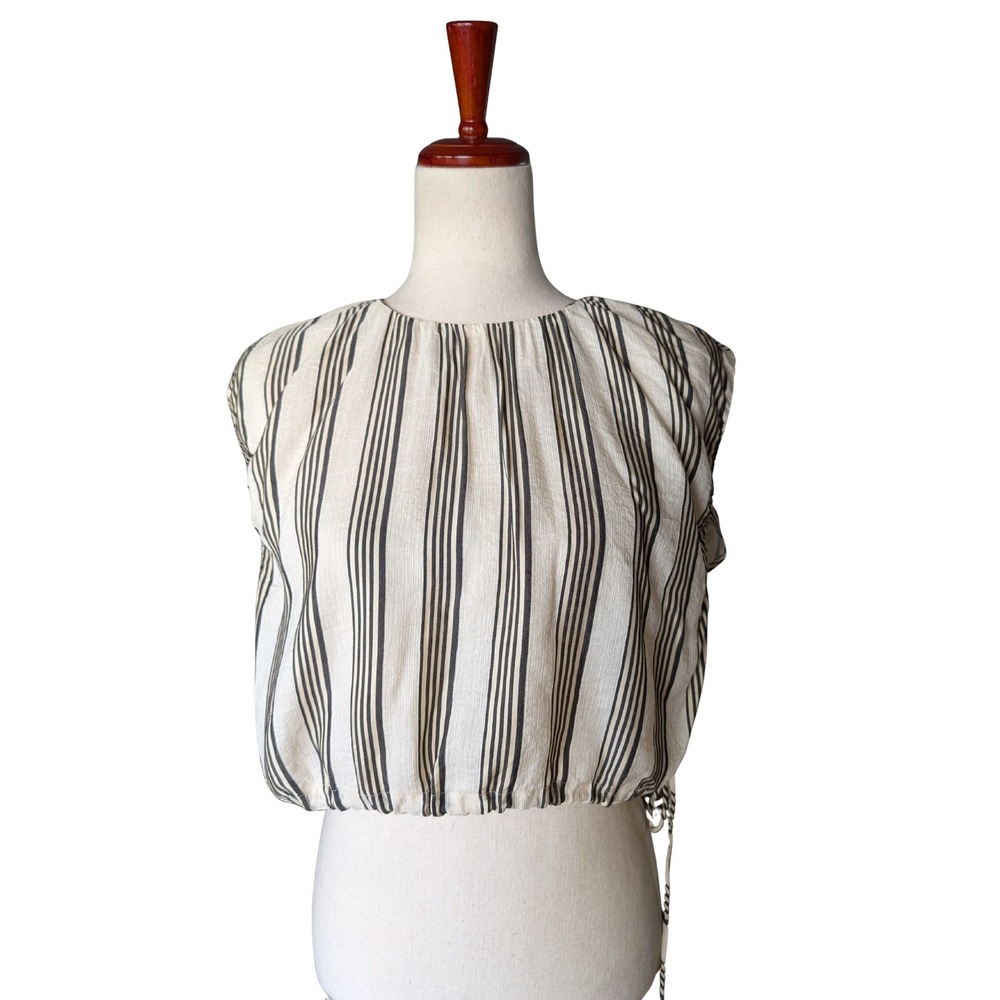 House of Dagmar Striped Linen Blend Crop Top Sleeveless Black Cream Size 36‎